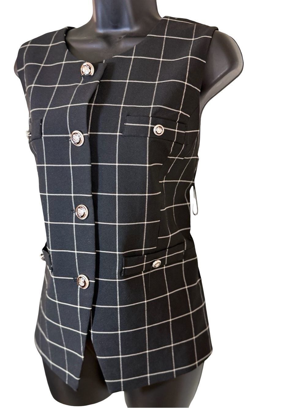 NWT Sleeveless Black Windowpane Button Front Vest Stretchy Nichole Miller